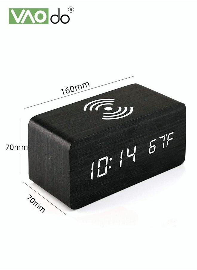 VAOdo - LED Alarm Clock Can be Timed Electronic Alarm Clock HD Mirror Display With Temperature Display Wireless Charging Wooden Alarm Clock Black - Image 1