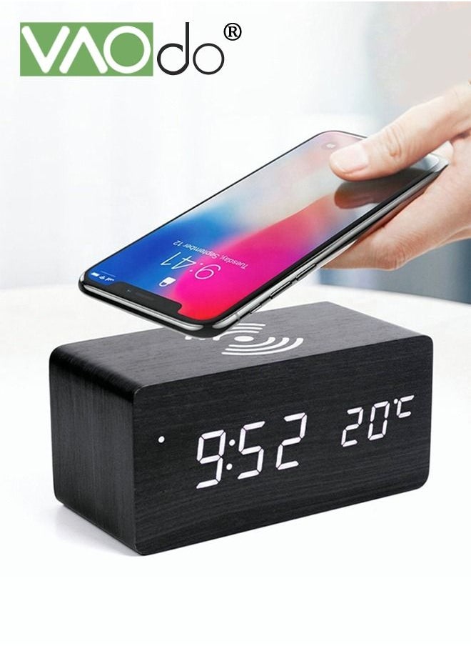 VAOdo - LED Alarm Clock Can be Timed Electronic Alarm Clock HD Mirror Display With Temperature Display Wireless Charging Wooden Alarm Clock Black - Image 1