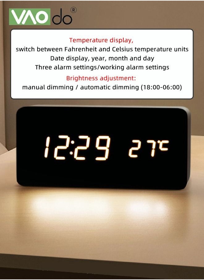 VAOdo - LED Alarm Clock Can be Timed Electronic Alarm Clock HD Mirror Display With Temperature Display Wireless Charging Wooden Alarm Clock Black - Image 1
