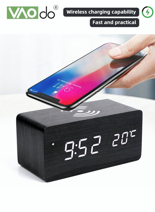 VAOdo - LED Alarm Clock Can be Timed Electronic Alarm Clock HD Mirror Display With Temperature Display Wireless Charging Wooden Alarm Clock Black - Image 1