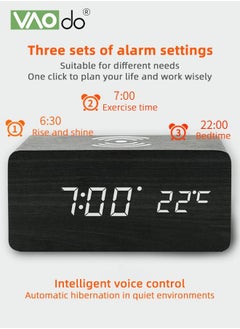VAOdo LED Alarm Clock Can be Timed Electronic Alarm Clock HD Mirror Display With Temperature Display Wireless Charging Wooden Alarm Clock Black  - Image 3
