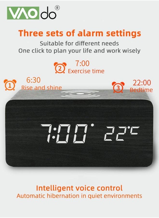 VAOdo - LED Alarm Clock Can be Timed Electronic Alarm Clock HD Mirror Display With Temperature Display Wireless Charging Wooden Alarm Clock Black - Image 1