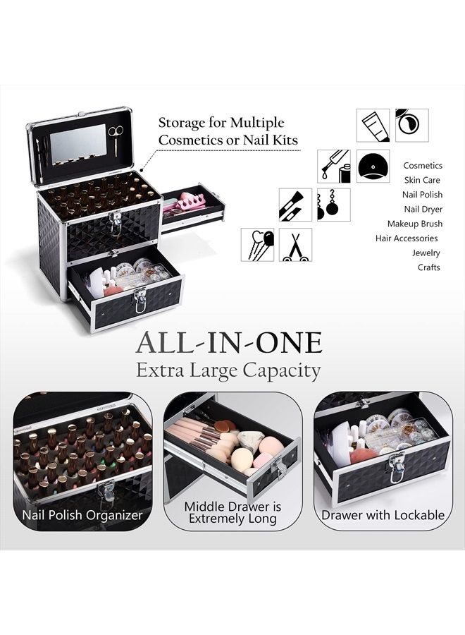 Frenessa Makeup Train Case Professional Makeup Case Organizer Cosmetic Box with Drawer Mirror Extra Large Makeup Manicure Accessory Storage Organizer with Dividers Keys Lockable Travel Nail Art Case f - Image 2