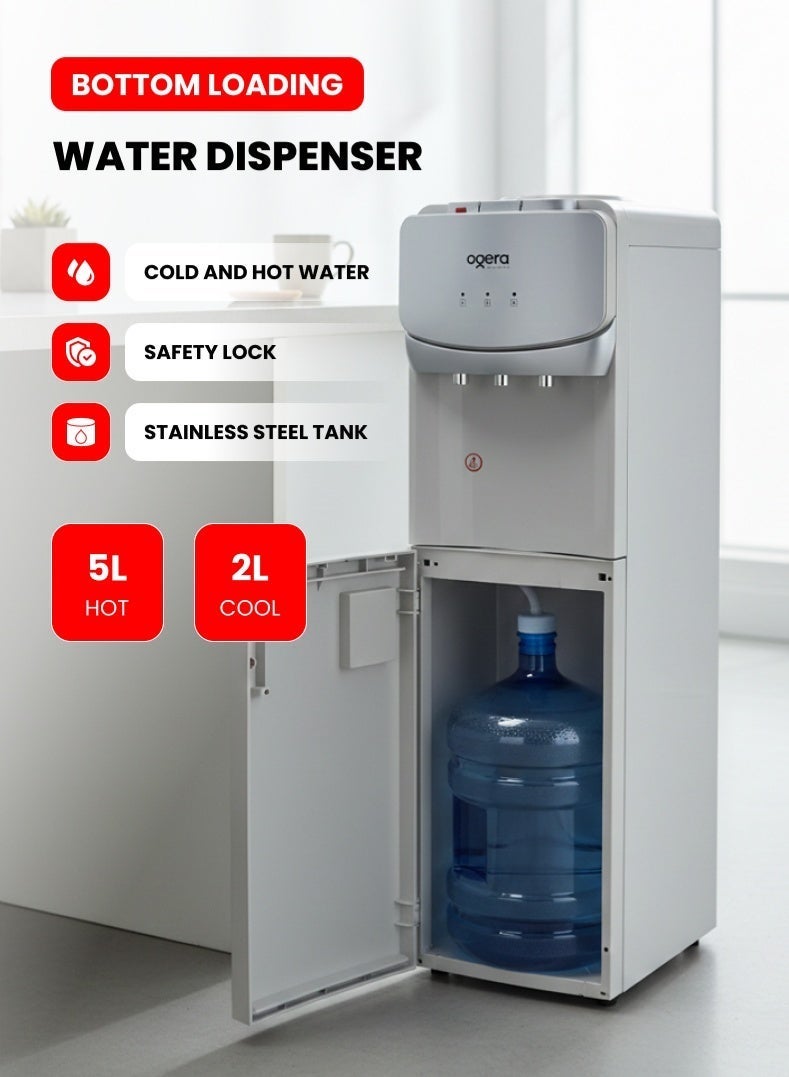 أوجيرا موزع مياه بتصميم تحميل سفلي | 3 خيارات للحرارة: ساخن، بارد وعادي | نظام تبريد بالضاغط R134a | خزان مياه من الفولاذ المقاوم للصدأ | قفل أمان للأطفال | سعة تسخين 5 لتر وتبريد 2 لتر | قدرة 640 واط | ضمان سنتين | OG1700WD | أبيض - Image 1