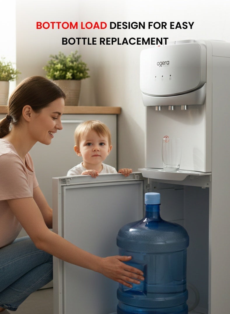 أوجيرا موزع مياه بتصميم تحميل سفلي | 3 خيارات للحرارة: ساخن، بارد وعادي | نظام تبريد بالضاغط R134a | خزان مياه من الفولاذ المقاوم للصدأ | قفل أمان للأطفال | سعة تسخين 5 لتر وتبريد 2 لتر | قدرة 640 واط | ضمان سنتين | OG1700WD | أبيض - Image 3