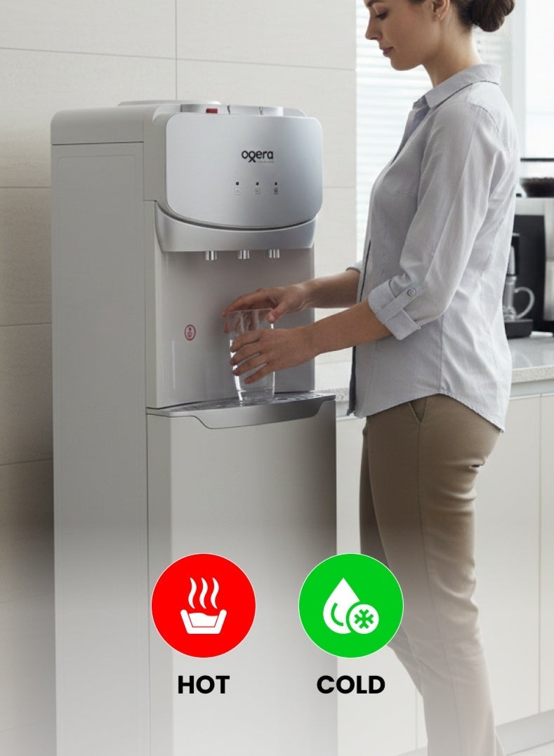 أوجيرا موزع مياه بتصميم تحميل سفلي | 3 خيارات للحرارة: ساخن، بارد وعادي | نظام تبريد بالضاغط R134a | خزان مياه من الفولاذ المقاوم للصدأ | قفل أمان للأطفال | سعة تسخين 5 لتر وتبريد 2 لتر | قدرة 640 واط | ضمان سنتين | OG1700WD | أبيض - Image 4