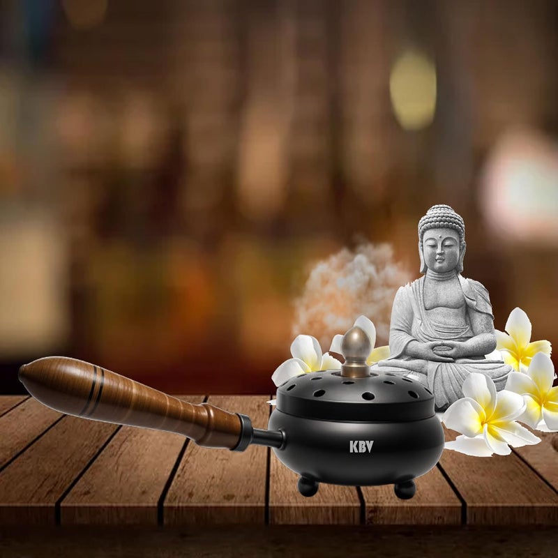 KBV Metal Incense Burner Dhuna Loban Dhoop Dani Bakhoor Dhoop Dani Sambrani Dhuna Dani WithWooden Handle for Home and Office Perfect for Positivity Mediation and Aroma KBVMDD_RP - Image 2