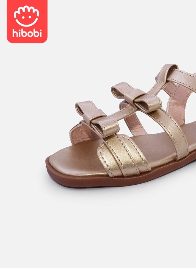 Girls Non-Slip Bow Decorated Flat Sandals, Ankle Strap Sandals - Champagne