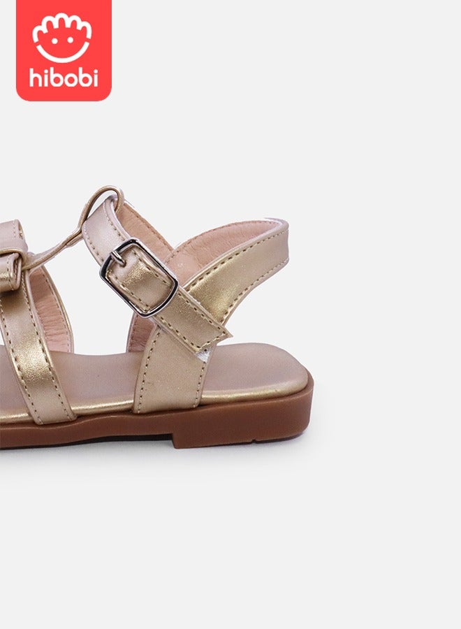Girls Non-Slip Bow Decorated Flat Sandals, Ankle Strap Sandals - Champagne