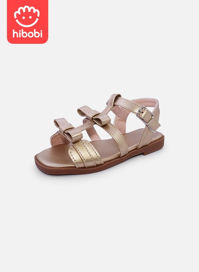 Girls Non-Slip Bow Decorated Flat Sandals, Ankle Strap Sandals - Champagne