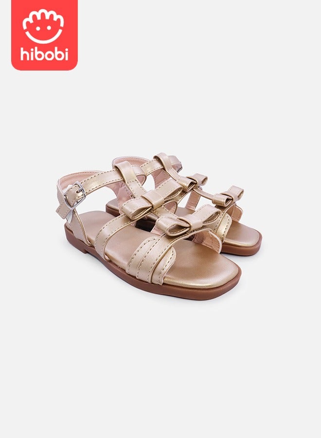 Girls Non-Slip Bow Decorated Flat Sandals, Ankle Strap Sandals - Champagne