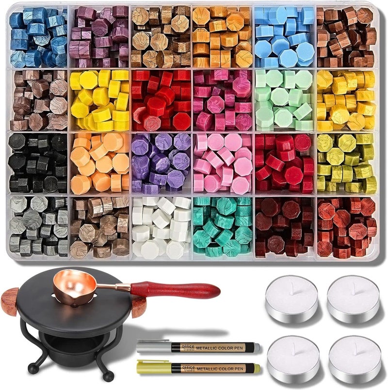 YIPLED Sealing Wax Kit - 728 Pcs With 24 Color Beads, 2 Pens, Warmer, Stamp Spoon and Candles for Gift & Envelope Sealing, Wedding Invitation - Image 1