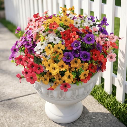 WYOK 14 Bundles Artificial Flowers UV Resistant for Patio Outdoors Fake Faux Silk Plants Realistic Plastic Flowers Indoors Porch Window Decoration 14 Mixed Fuchsia Purple Yellow Red Lilac Pink White - Image 1