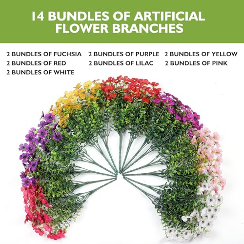 WYOK 14 Bundles Artificial Flowers UV Resistant for Patio Outdoors Fake Faux Silk Plants Realistic Plastic Flowers Indoors Porch Window Decoration 14 Mixed Fuchsia Purple Yellow Red Lilac Pink White - Image 3