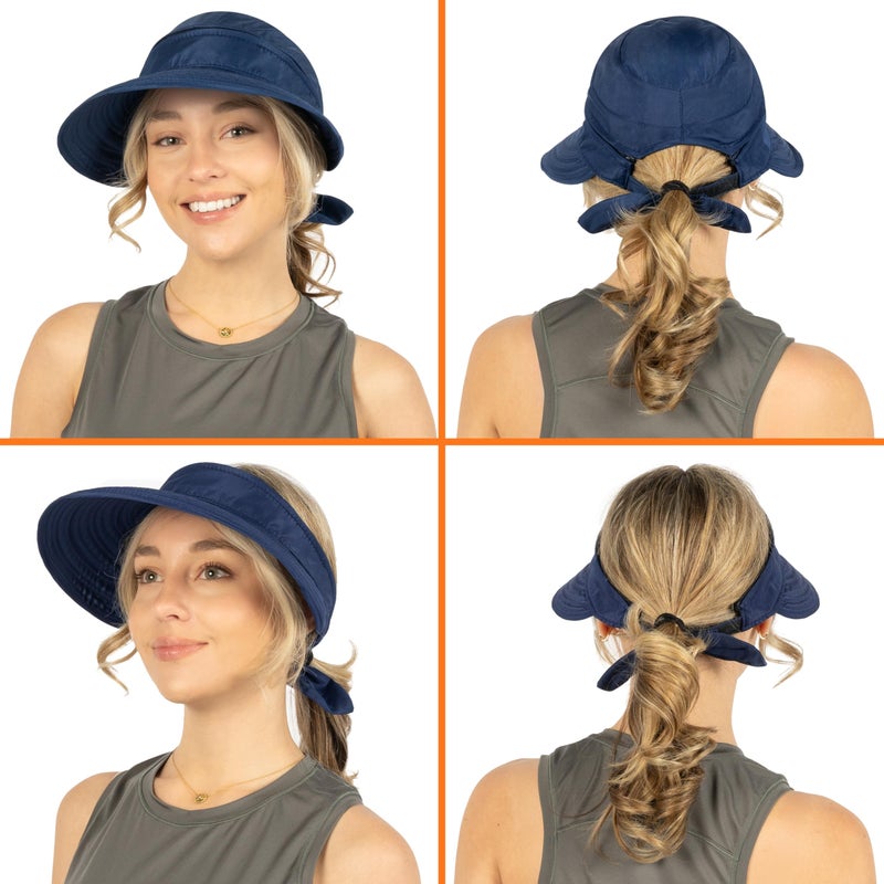 Suncube SUN CUBE Women Sun Hat for Outdoor UV Protection, Wide Brim Sun Hat Ponytail, Convertible Zip-Off Beach Hat Visor for Golf Gardening Pool Travel, Foldable Summer UPF50+ Visor Hat, Navy - Image 4