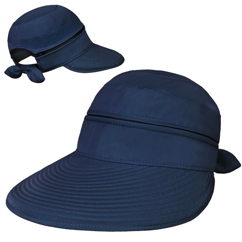 Suncube SUN CUBE Women Sun Hat for Outdoor UV Protection, Wide Brim Sun Hat Ponytail, Convertible Zip-Off Beach Hat Visor for Golf Gardening Pool Travel, Foldable Summer UPF50+ Visor Hat, Navy - Image 2