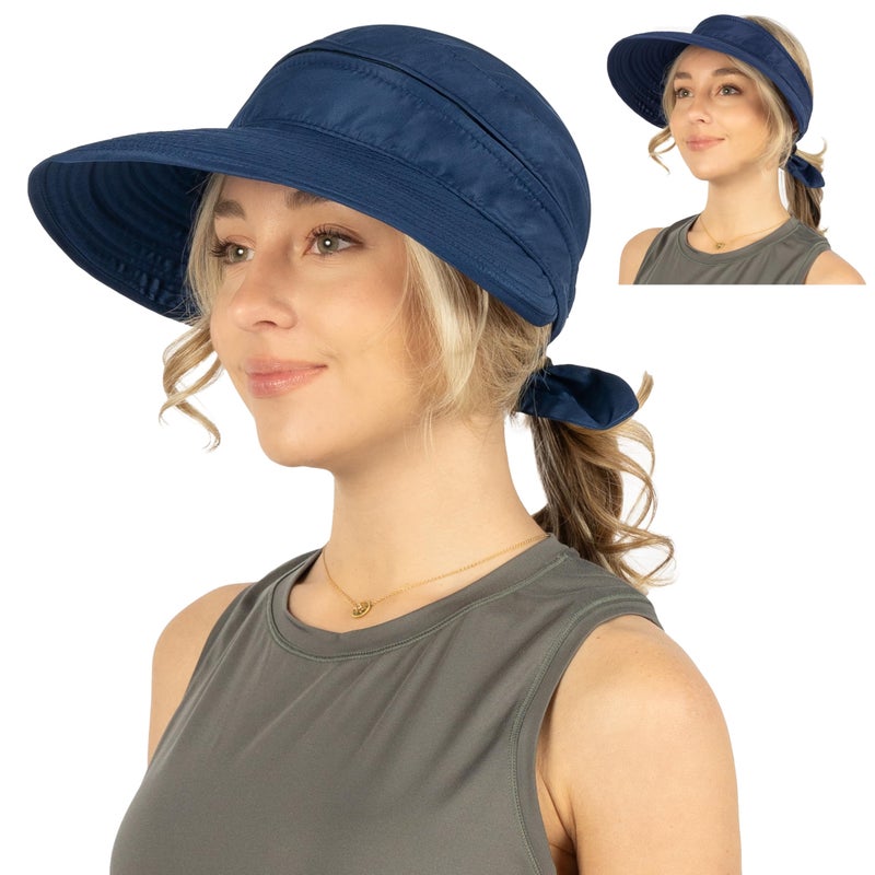 Suncube SUN CUBE Women Sun Hat for Outdoor UV Protection, Wide Brim Sun Hat Ponytail, Convertible Zip-Off Beach Hat Visor for Golf Gardening Pool Travel, Foldable Summer UPF50+ Visor Hat, Navy - Image 1