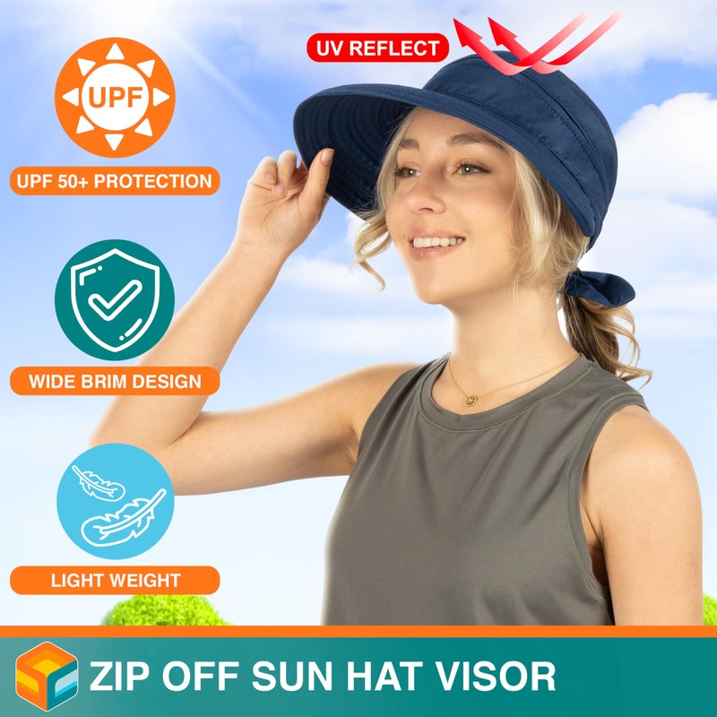 Suncube SUN CUBE Women Sun Hat for Outdoor UV Protection, Wide Brim Sun Hat Ponytail, Convertible Zip-Off Beach Hat Visor for Golf Gardening Pool Travel, Foldable Summer UPF50+ Visor Hat, Navy - Image 3