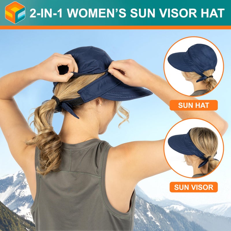 Suncube SUN CUBE Women Sun Hat for Outdoor UV Protection, Wide Brim Sun Hat Ponytail, Convertible Zip-Off Beach Hat Visor for Golf Gardening Pool Travel, Foldable Summer UPF50+ Visor Hat, Navy - Image 5