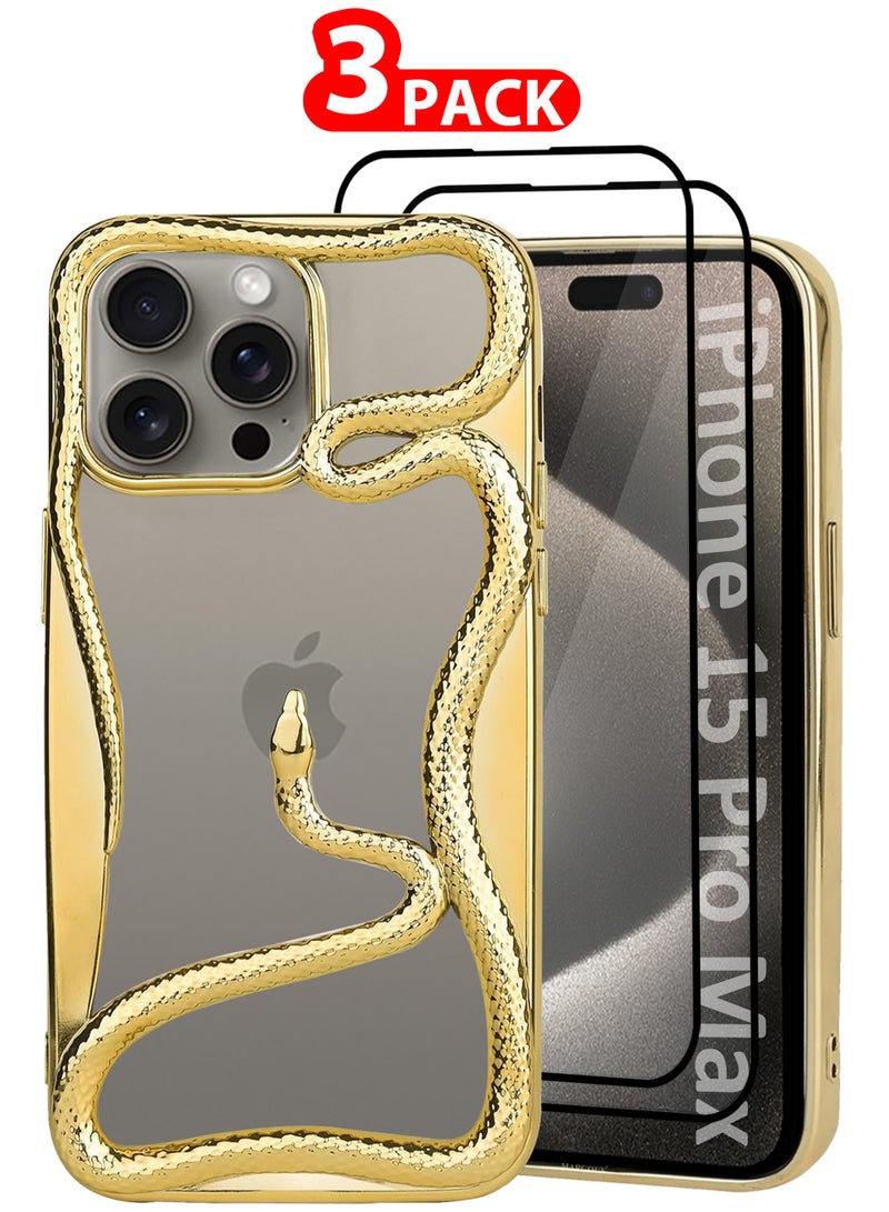 CATANES iPhone 15 Pro Max 3Packs Snake Case Cover Soft TPU and Glossy with Two 3D Shockproof Screen Protector - Gold - Image 1