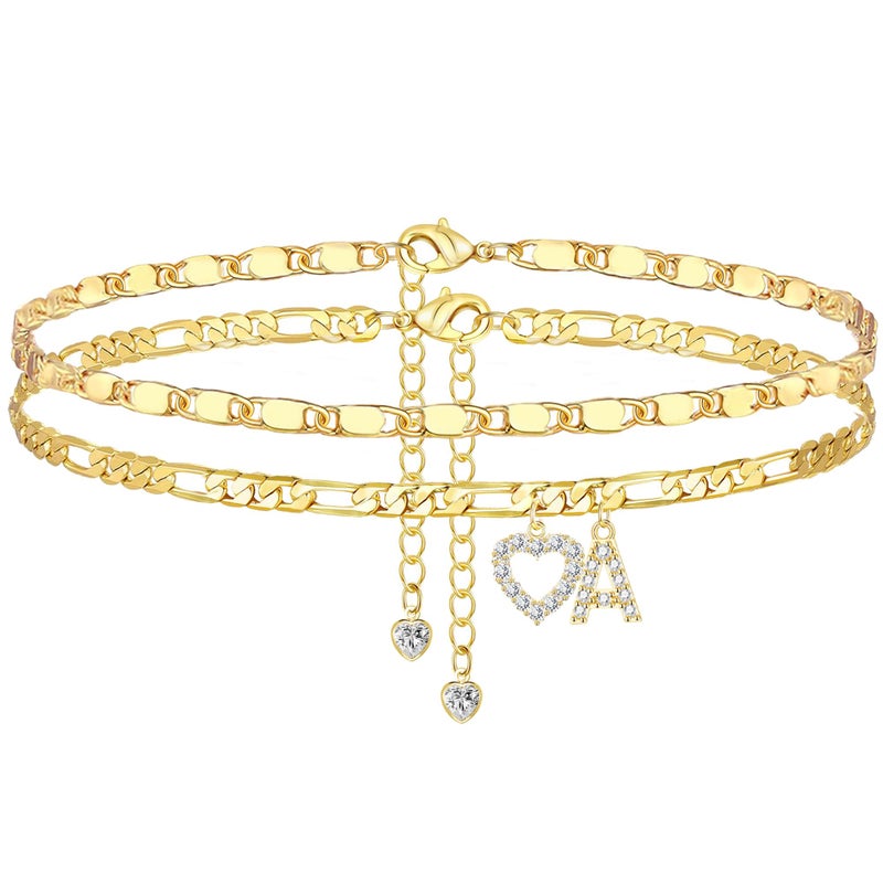 YOFECIO Ankle Bracelets for Women,14K Gold Plated Initial Anklets Dainty Heart Letter Ankle Bracelets Layered Gold Anklets for Women Non Tarnish A to Z Summer Beach Jewelry - Image 1