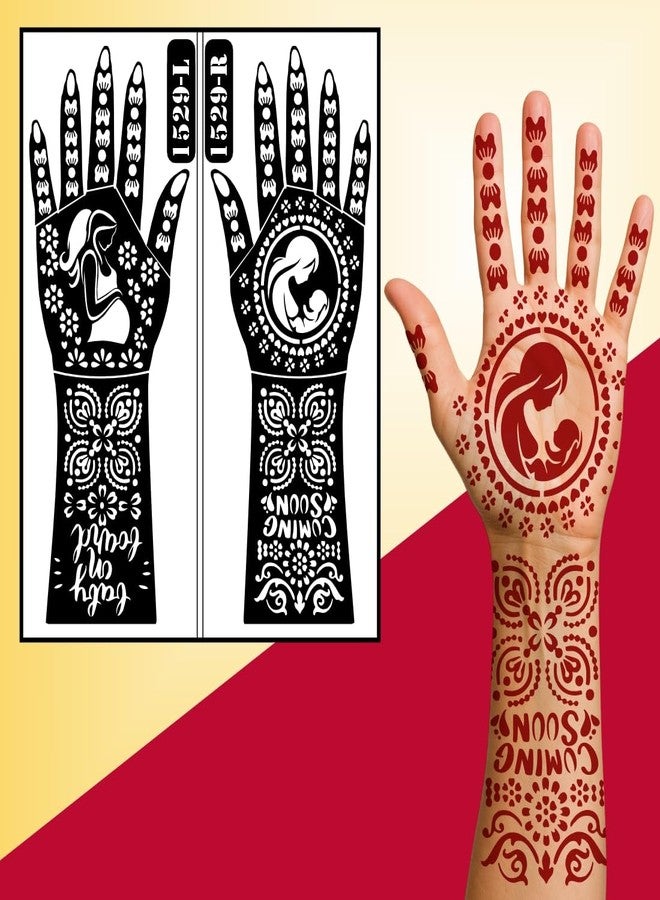 ORDERSHOCK Pregnancy Announcement Mehndi Stencil Mehndi Sticker with Mother and Baby Silhouette, Full Hand Floral Pattern - Image 3