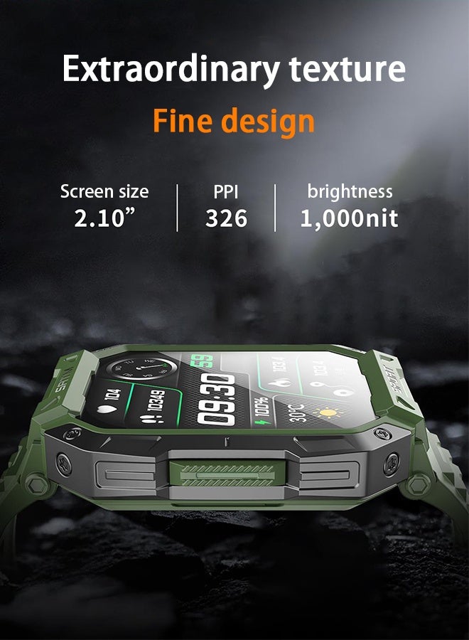 Outdoor Sports Waterproof Military Watch Blood Sugar Smart Watch | 24/7 Heart Rate/Spo2/Temperature Tracking | 150 Sports Modes | Sleep Analysis | 2.1" Arabic Display |Waterproof And Dustproof-Green - Image 2