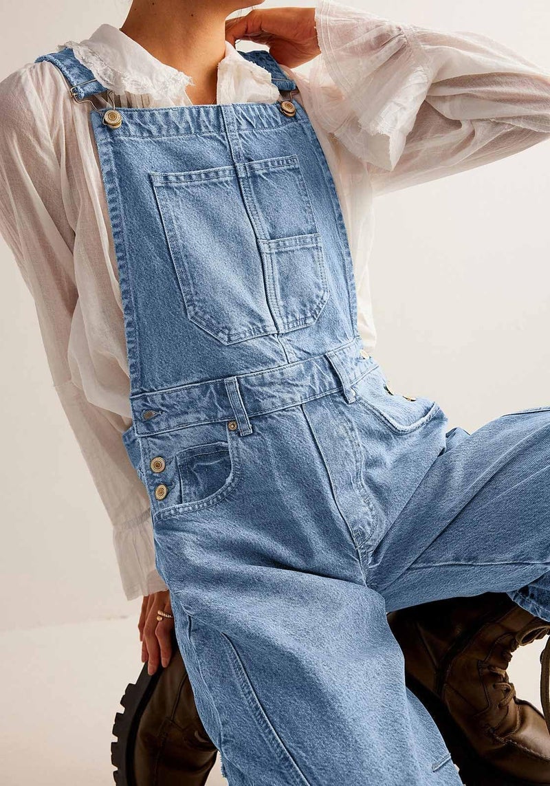 yoeasy Womens Denim Bib Overalls Barrel Wide Leg Baggy Adjustable Strap Denim Pants Jumpsuits with Pockets (Medium, Light Blue) - Image 5