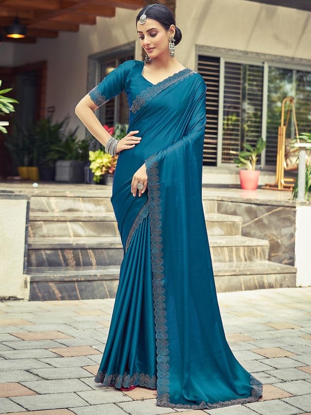 Satrani Women's Satin Silk Dyed, Stone Work Border Saree with Unstitched Blouse Piece (3431S290N_Teal) - Image 2