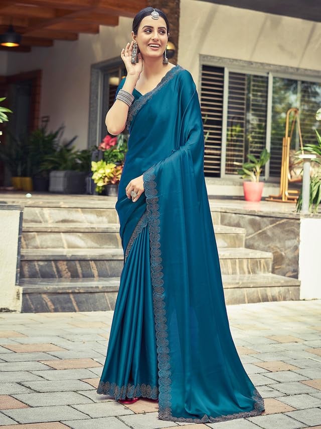 Satrani Women's Satin Silk Dyed, Stone Work Border Saree with Unstitched Blouse Piece (3431S290N_Teal) - Image 4