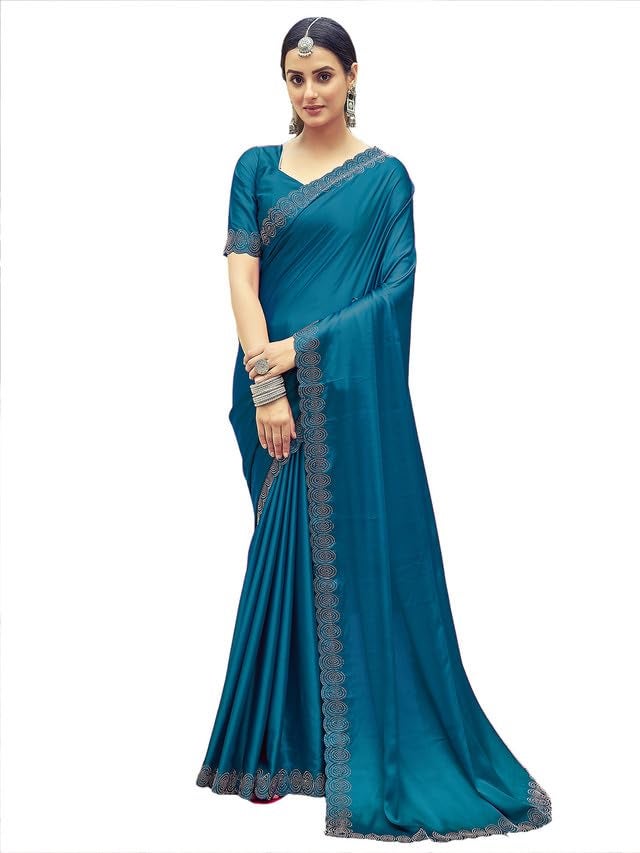 Satrani Women's Satin Silk Dyed, Stone Work Border Saree with Unstitched Blouse Piece (3431S290N_Teal) - Image 1