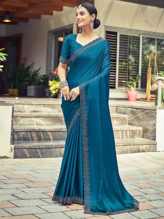 Satrani Women's Satin Silk Dyed, Stone Work Border Saree with Unstitched Blouse Piece (3431S290N_Teal) - Image 3