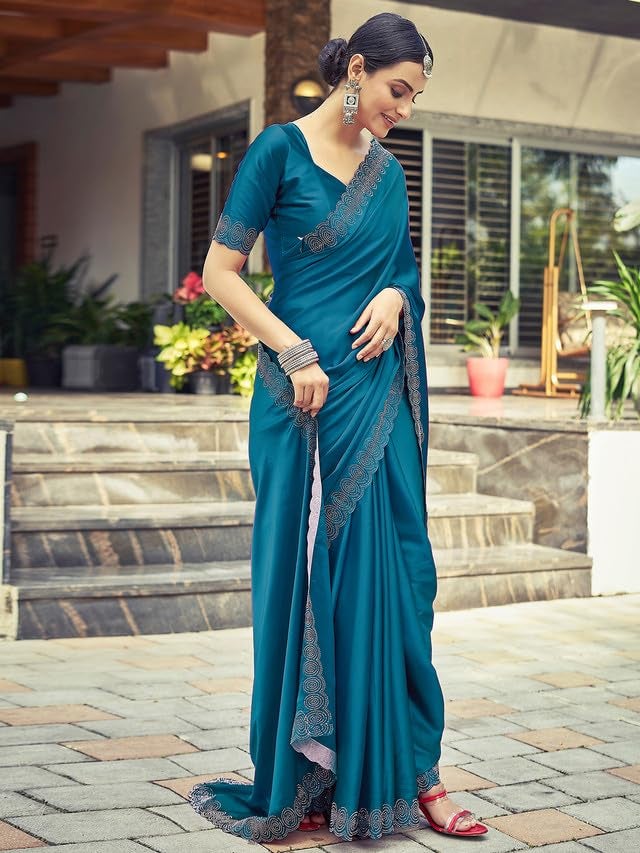 Satrani Women's Satin Silk Dyed, Stone Work Border Saree with Unstitched Blouse Piece (3431S290N_Teal) - Image 5