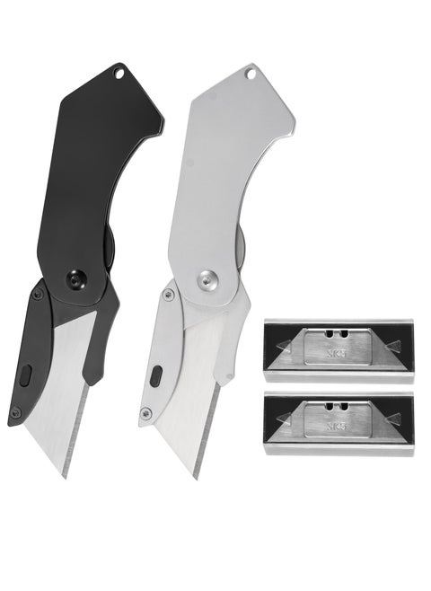 2 Set Folding Utility Knife, Mini Box Cutter With 5 SK5 Blades, Razor Knife With Belt Clip, Sliver And Black