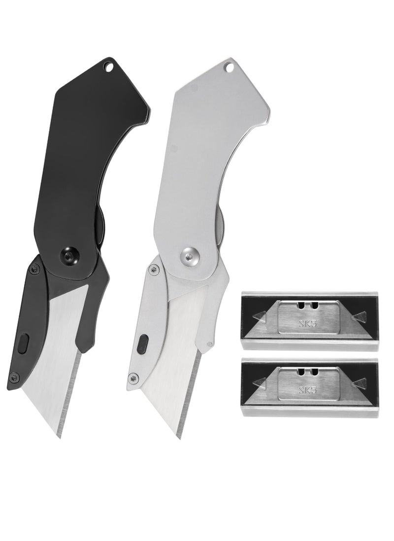 Excefore - 2 Set Folding Utility Knife, Mini Box Cutter With 5 SK5 Blades, Razor Knife With Belt Clip, Sliver And Black - Image 1