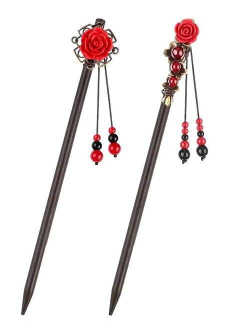 Set of 2 Hair Sticks Vintage Wooden Hair Clips Flower Hair Chopsticks Handmade Wooden Hair Clips Classic Hair Accessories Women's Long Curly Hair Classic