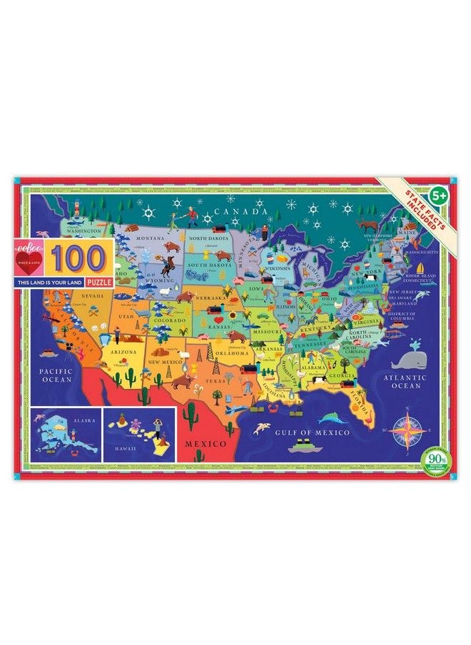 eeboo : This Land Is Your Land 100 Piece Puzzle, Allows Children To Learn Key Industries And Wildlife Associated With Each State, Makes Learning Fun, Perfect For Ages 5 And Up  - Image 1