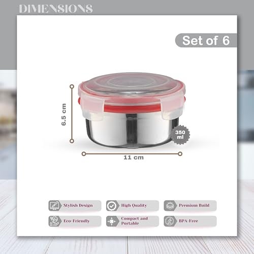 Trueware Clip N Close Smart Lock Stainless Steel Lunch Box | Durable, Airtight, BPA Free, 100% Food Grade | Versatile | for Office, for Men and Wowmn | 350 ml Each | Set of 6 - Image 2