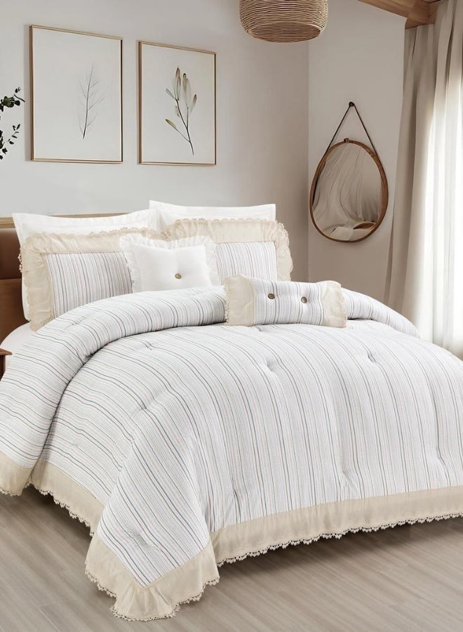 INREST Pastel Stripe King Comforter Set 240 × 260 cm Luxury 8 Pieces 100% Microfiber Ivory Striped Lace Bedding Set - Image 1