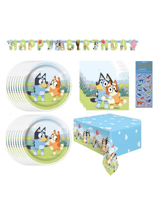 Unique Bluey Birthday Party Supplies Bundle Includes 16 Dessert Cake Plates 16 Napkins 1 Table Cover 1 Happy Birthday Banner 1 Dinosaur Sticker Sheet (Bundle For 16) - Image 1