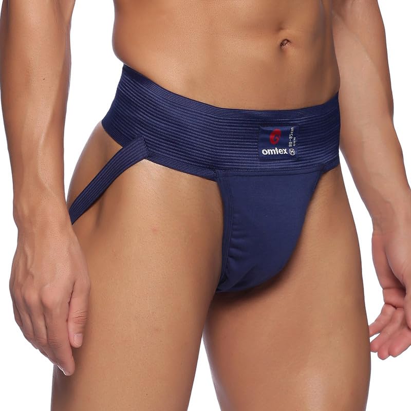 omtex Athletic Gym Jockstrap Cotton Supporter, Grey and Navy Blue, M - Stretchable Cotton Blend, Machine Washable, Solid Pattern, Ideal for Sports, Fitness Activities, Pack of 2 - Image 3