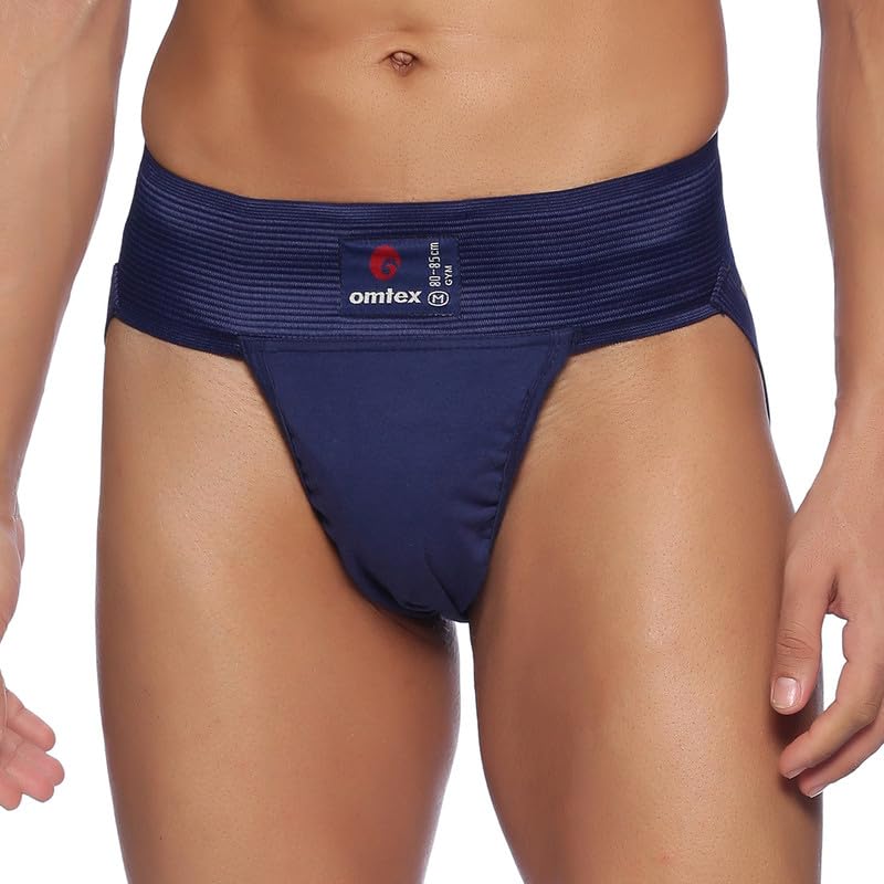 omtex Athletic Gym Jockstrap Cotton Supporter, Grey and Navy Blue, M - Stretchable Cotton Blend, Machine Washable, Solid Pattern, Ideal for Sports, Fitness Activities, Pack of 2 - Image 2