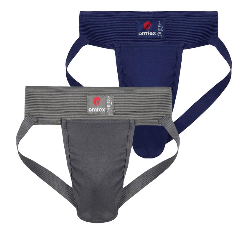 omtex Athletic Gym Jockstrap Cotton Supporter, Grey and Navy Blue, M - Stretchable Cotton Blend, Machine Washable, Solid Pattern, Ideal for Sports, Fitness Activities, Pack of 2 - Image 1
