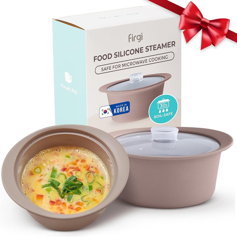 Firgi 27oz Platinum Silicone Microwave Steamer Pot with Handle & Lid - Korean 100% Food-Grade Steamer Bowl, Heat-Resistant Cooker with Steam Holes, Easy Clean, Dishwasher Safe, Taupe Brown - Image 1