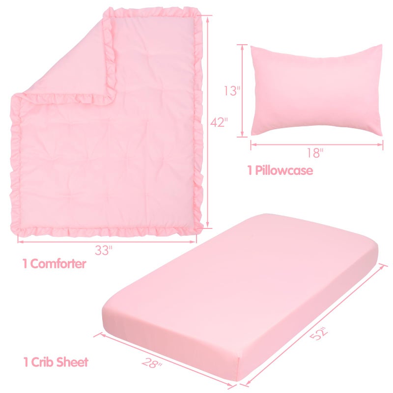 JISEN 3 Piece Crib Bedding Set Soft Baby Ruffle Crib Comforter Set with Quilt, Sheet, Pillowcase - Nursery Bedding for Boys or Girls Pink - Image 4