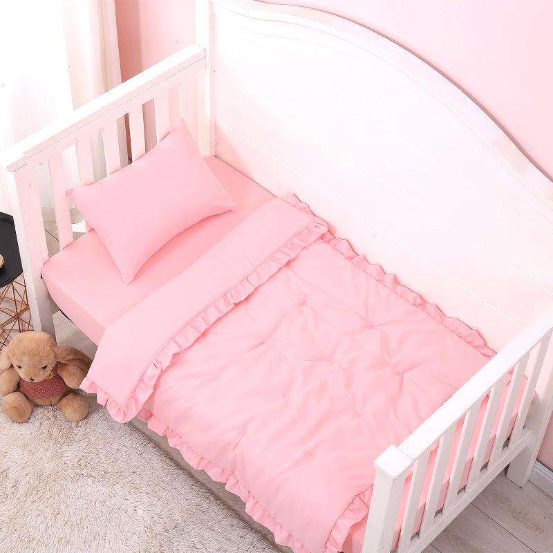 JISEN 3 Piece Crib Bedding Set Soft Baby Ruffle Crib Comforter Set with Quilt, Sheet, Pillowcase - Nursery Bedding for Boys or Girls Pink - Image 1