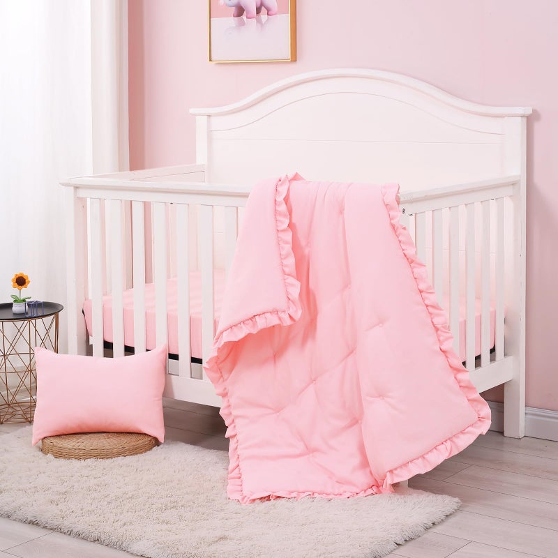 JISEN 3 Piece Crib Bedding Set Soft Baby Ruffle Crib Comforter Set with Quilt, Sheet, Pillowcase - Nursery Bedding for Boys or Girls Pink - Image 3