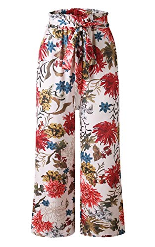 ECOWISH Wide Leg Pants for Women Summer 2024 Palazzo Tropical Floral Belted Casual Lightweight High Waist Flared Trousers with Pockets Pink Small - Image 5