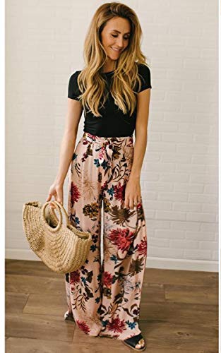 ECOWISH Wide Leg Pants for Women Summer 2024 Palazzo Tropical Floral Belted Casual Lightweight High Waist Flared Trousers with Pockets Pink Small - Image 2