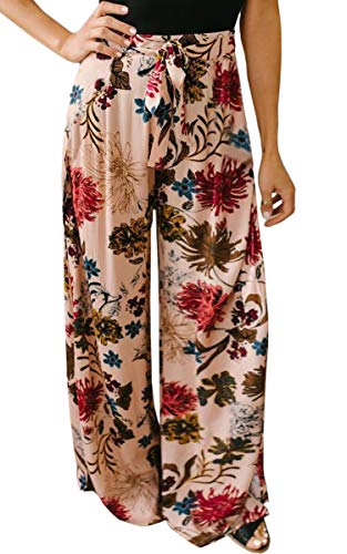 ECOWISH Wide Leg Pants for Women Summer 2024 Palazzo Tropical Floral Belted Casual Lightweight High Waist Flared Trousers with Pockets Pink Small - Image 1